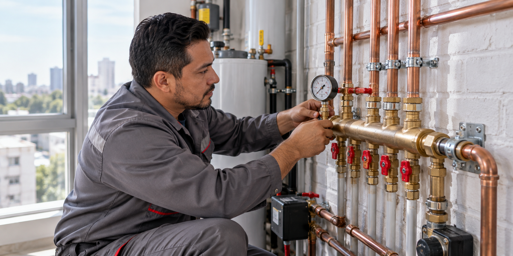 Técnico comprobando presión en una distribución de agua de Gustavo A. Madero