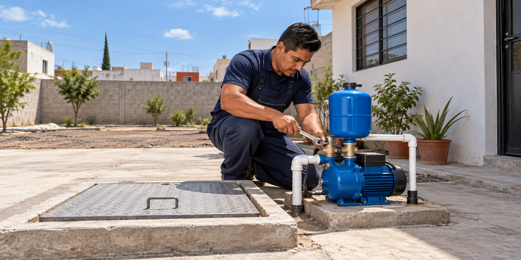 Instalación de una bomba de agua junto a la cisterna de una vivienda en Tizayuca